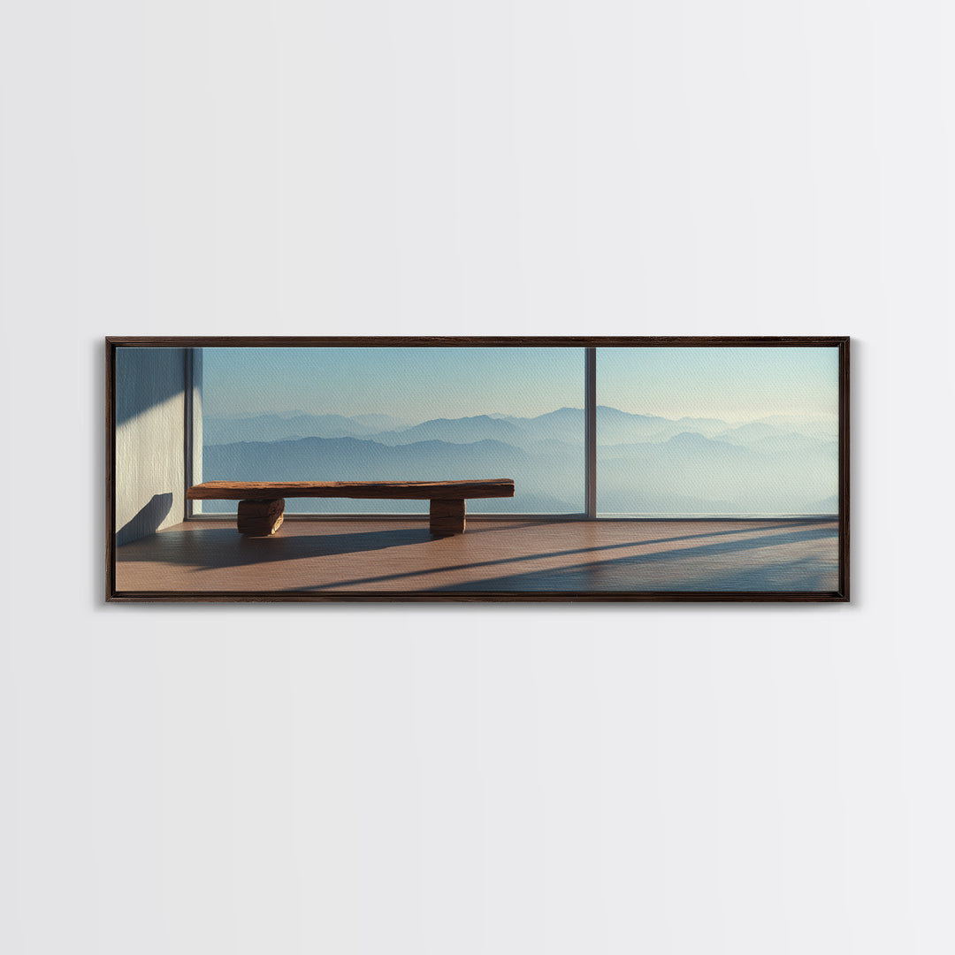 Minimal Mountain View Zen Bench Framed Canvas Print, Japandi Wall Art, Neutral Home Decor, Calming Office Decor, Living Room Decor