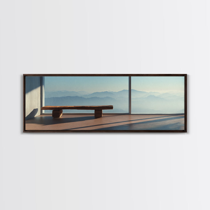 Minimal Mountain View Zen Bench Framed Canvas Print, Japandi Wall Art, Neutral Home Decor, Calming Office Decor, Living Room Decor