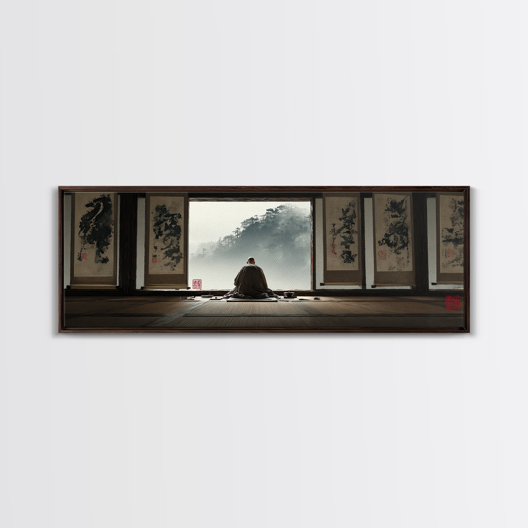 Zen Monk Viewing Misty Mountains Wall Art, Japanese Ink Framed Canvas Print, Meditation Room Decor, Japandi Home Decor, Zen Decor