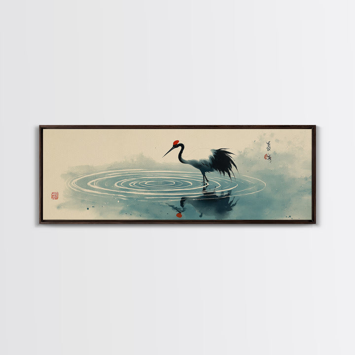 Japanese Crane Ink Painting Wall Art, Zen Bird Canvas Print, Minimalist Asian Decor, Japandi Meditation Room Gift For Her