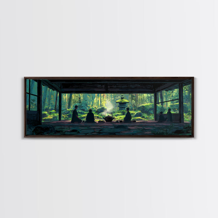 Serene Zen Tea Room With Forest Garden Canvas Print, Japanese Wall Art, Meditation Room Decor, Japandi Nature Landscape Art