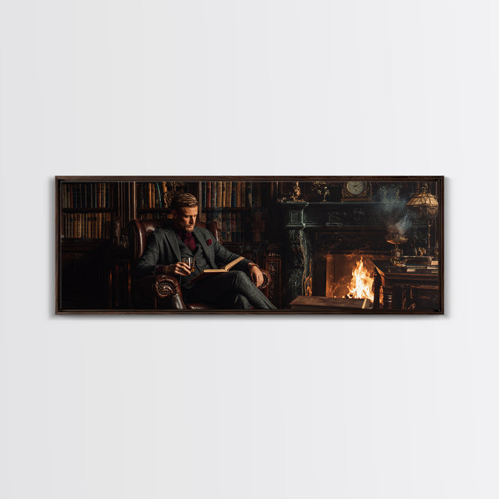 Gentleman Reading By Fireplace Wall Art, Dark Academia Library Canvas Print, Cozy Office Decor, Book Lover Housewarming Gift
