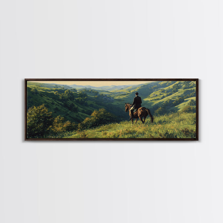 Horse Rider Over Green Valley Wall Art, Panoramic Landscape Canvas Print, Western Country Home Decor, Equestrian Gift For Him