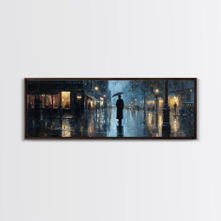 Rainy City Street With Umbrella Wall Art, Moody Urban Landscape Print, Blue Night Office Decor, Contemporary Canvas Print