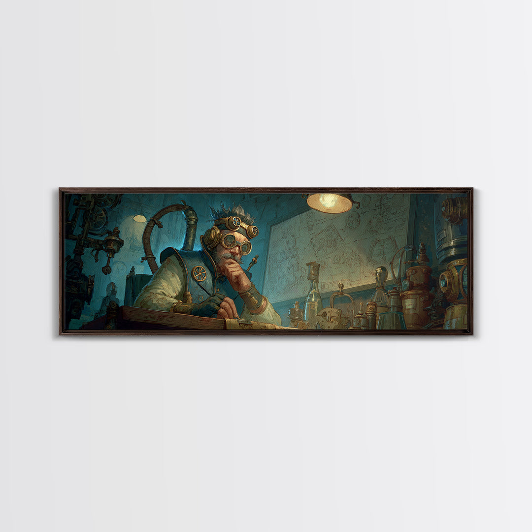 Steampunk Inventor Writing In Blue Laboratory Wall Art, Futuristic Science Decor, Industrial Office Art Print, Gift For Him
