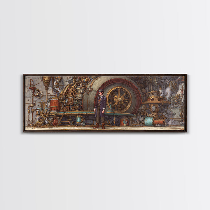 Victorian Engineer Before Giant Machine Canvas Print, Steampunk Industrial Wall Art, Mechanical Office Decor, Gift For Him