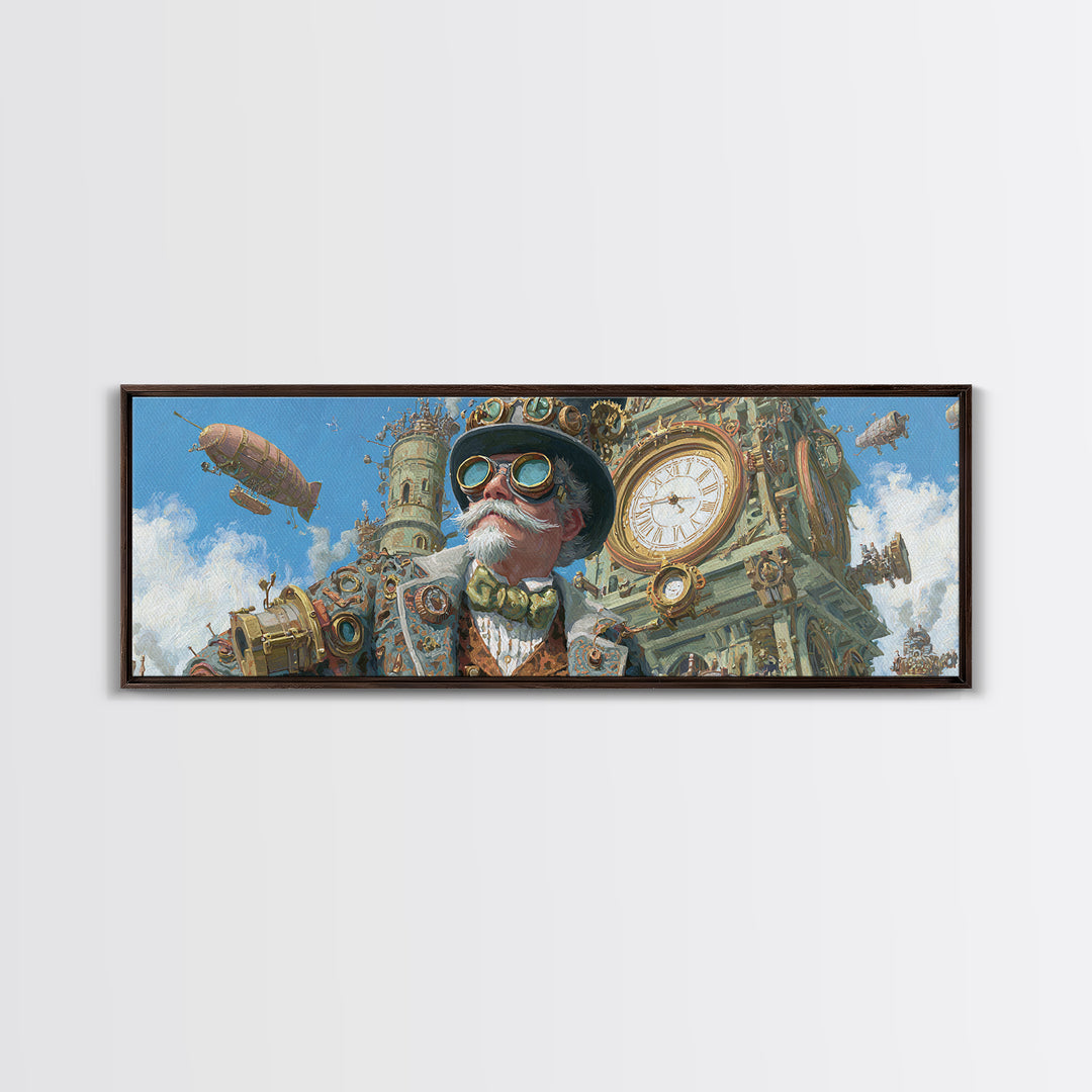 Steampunk Gentleman With Goggles And Clock Tower Wall Art, Victorian Airship Canvas, Industrial Office Decor For Living Room
