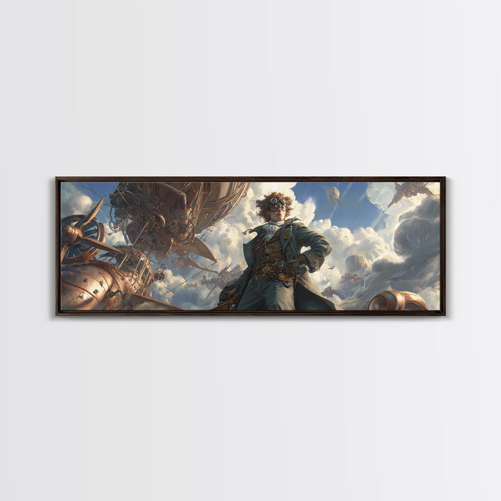 Airship Captain In Storm Clouds Framed Canvas Print, Steampunk Aviation Wall Art, Dramatic Sci Fi Office Decor For Game Room