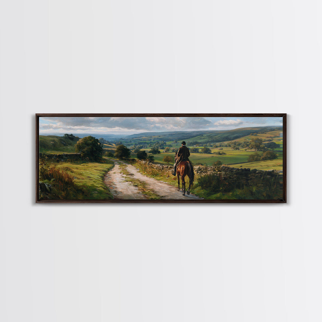 Lone Horse Rider On Country Road Wall Art, Rolling Hills Landscape Canvas Print, Rustic Farmhouse Living Room Decor Gift