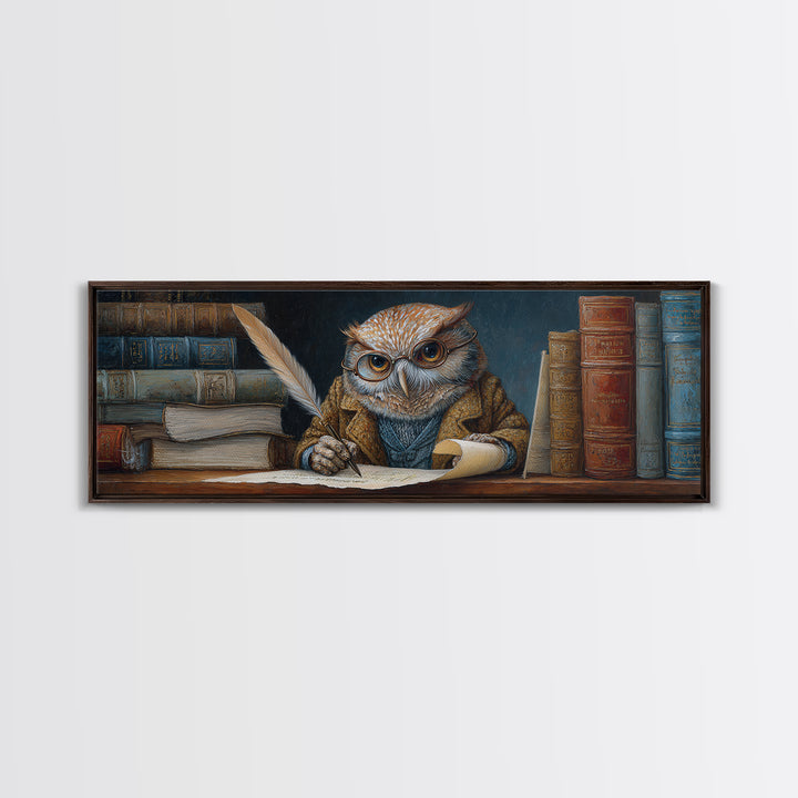 Whimsical Owl Scholar Writing Letters Wall Art, Storybook Animal Canvas Print, Cozy Library Nursery Office Decor Gift For Readers