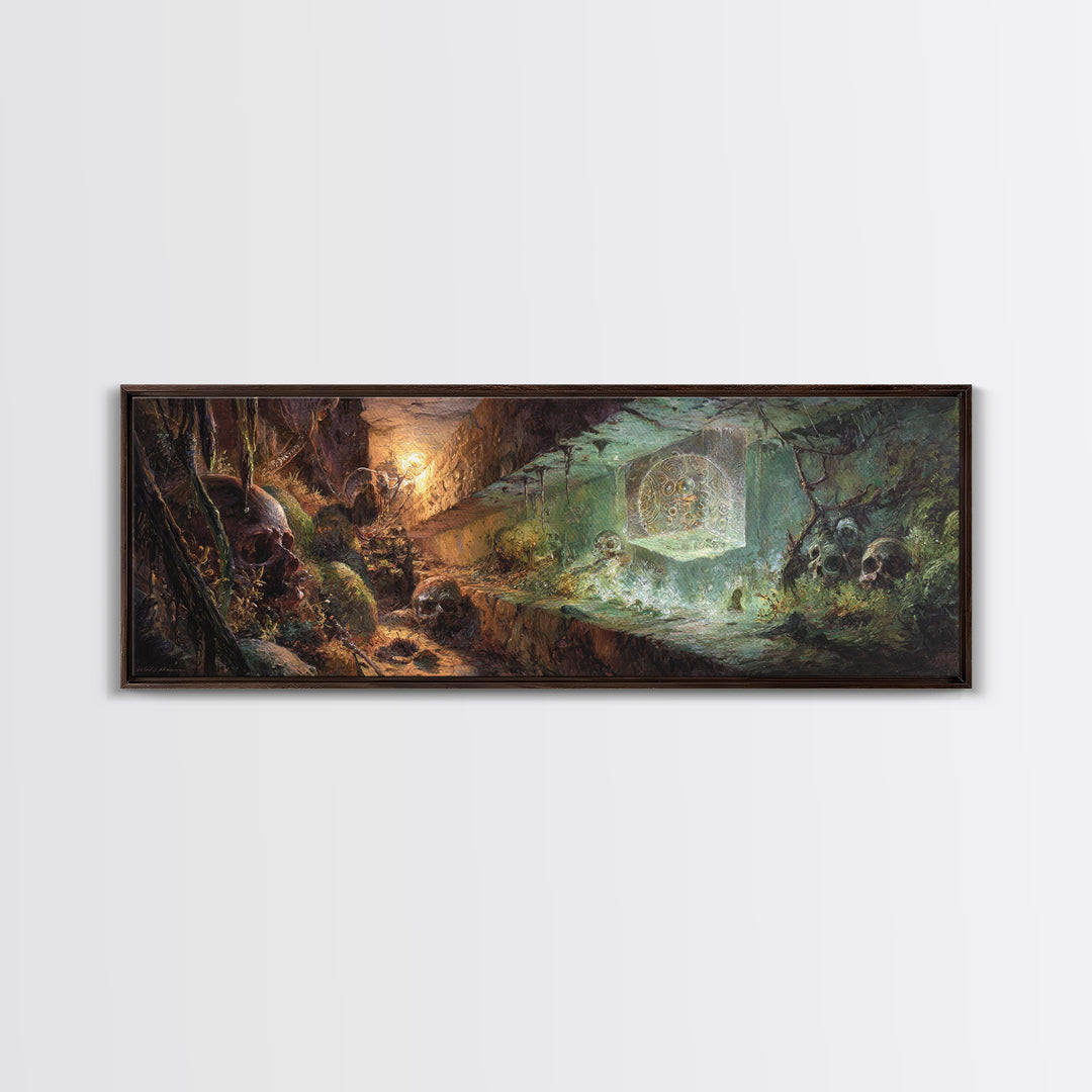 Glowing Crypt Relic Dungeon Fantasy Wall Art, Dark Academia Decor, Gothic Canvas Print, Skull Cave Adventure Art For Game Room