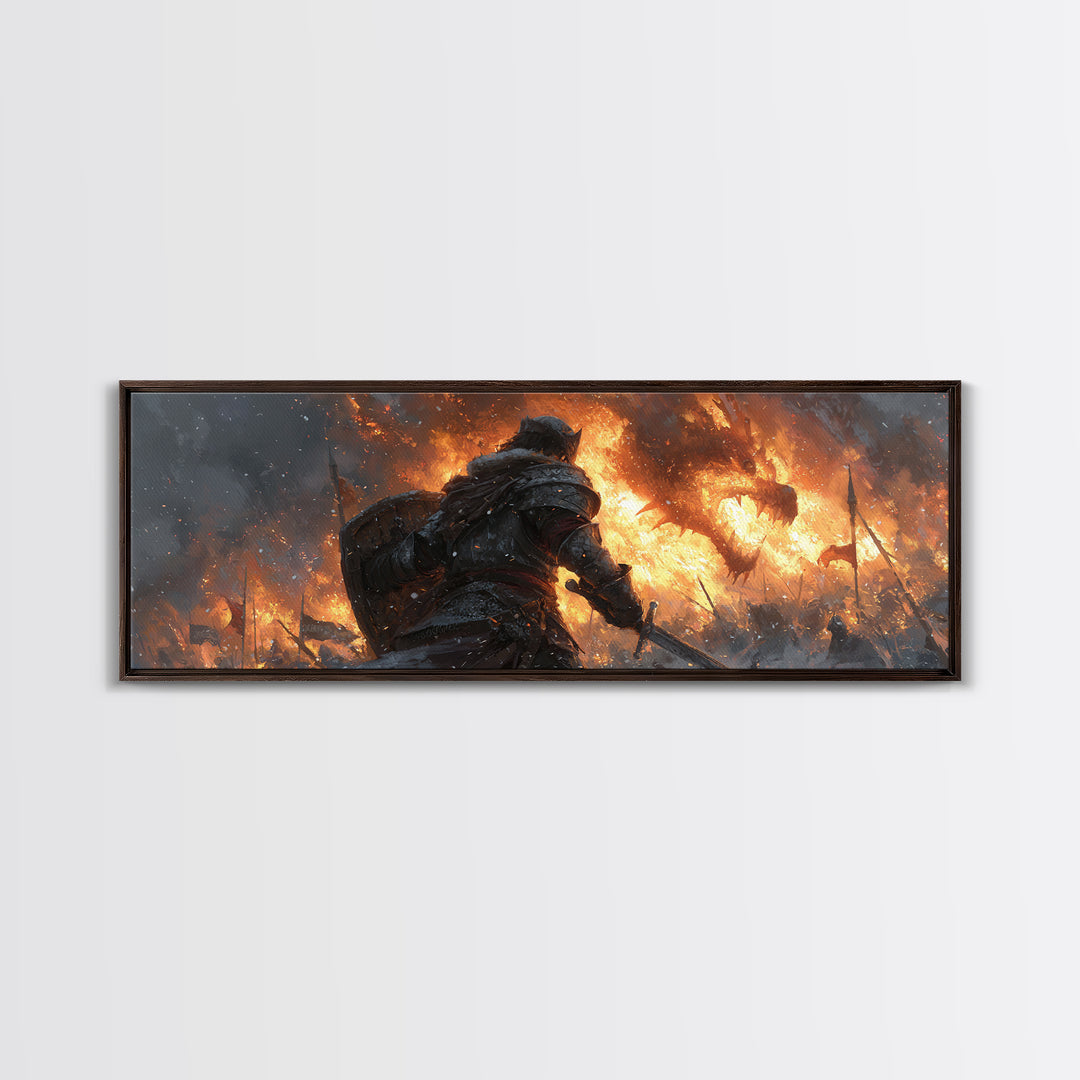 Lone Warrior Before Blazing Battlefield Framed Canvas Print, Dark Fantasy Wall Art, Medieval Battle Decor, Gift For Gamer