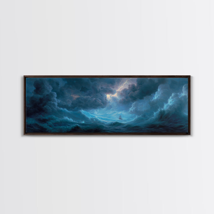 Stormy Ocean Ship Seascape Wall Art, Dramatic Nautical Canvas Print, Blue Coastal Living Room Decor, Moody Sea Gift For Him