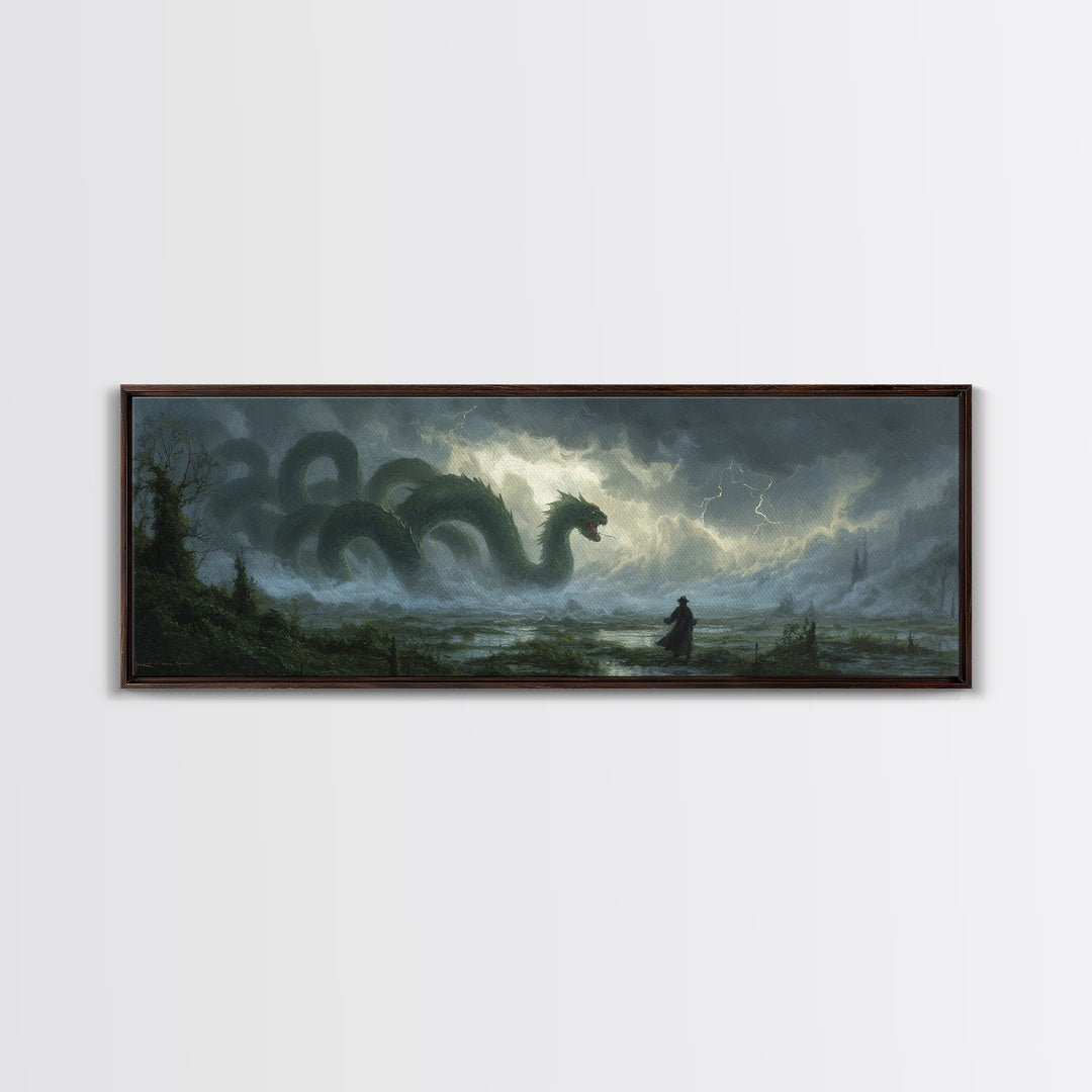 Storm Hydra Rising From Misty Swamp Wall Art, Dark Fantasy Canvas Print, Mythical Monster Home Decor, Gothic Gift For Him