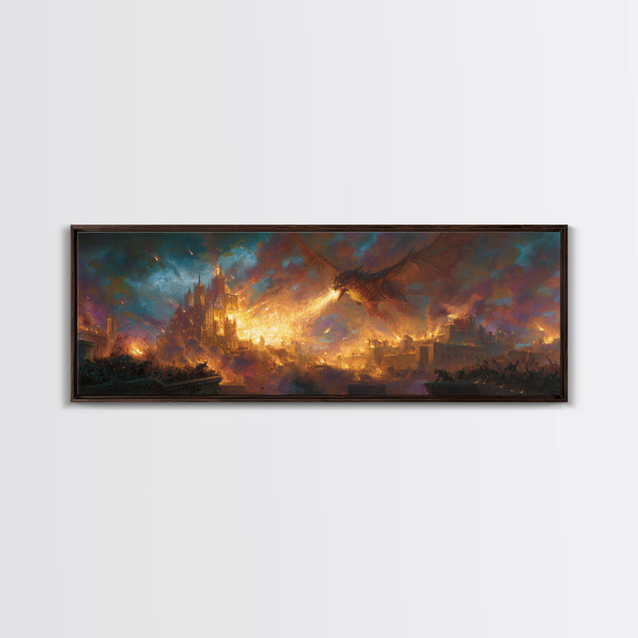 Fire Breathing Dragon Over Burning City Wall Art, Epic Fantasy Canvas Print, Medieval Castle Home Decor, Gamer Gift For Him