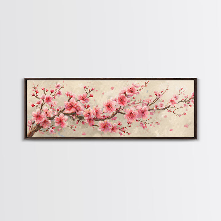 Pink Cherry Blossom Branch Canvas Print, Japanese Spring Wall Art, Botanical Floral Decor, Above Bed Panoramic Artwork Gift