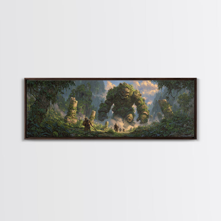 Ancient Jungle Golem Ruins With Adventurers Canvas Print, Fantasy Wall Decor, Large Landscape Art, Mythical Home Decor Gift
