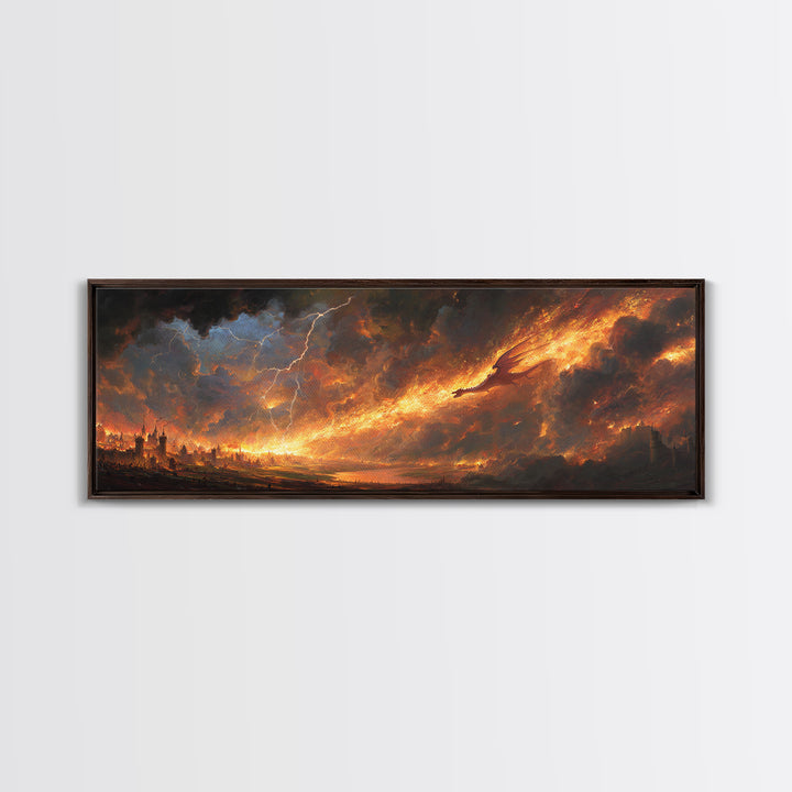 Apocalyptic Fire Dragon Over Burning City Canvas Print, Dark Fantasy Wall Art, Stormy Landscape, Dramatic Game Room Decor