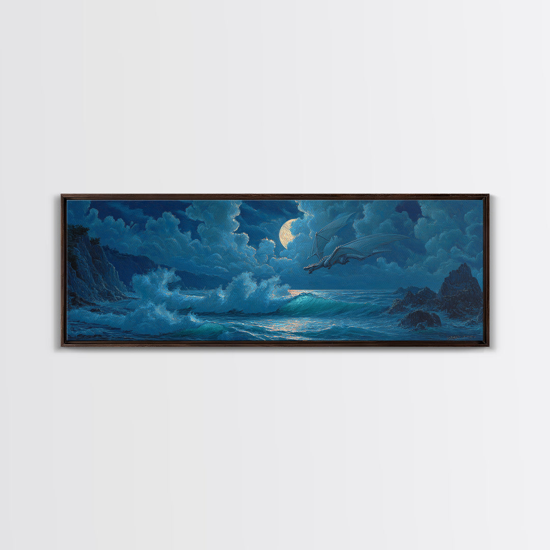 Moonlit Ocean Dragon Above Crashing Waves Canvas Print, Fantasy Wall Art, Nautical Decor, Blue Coastal Seascape Print Gift