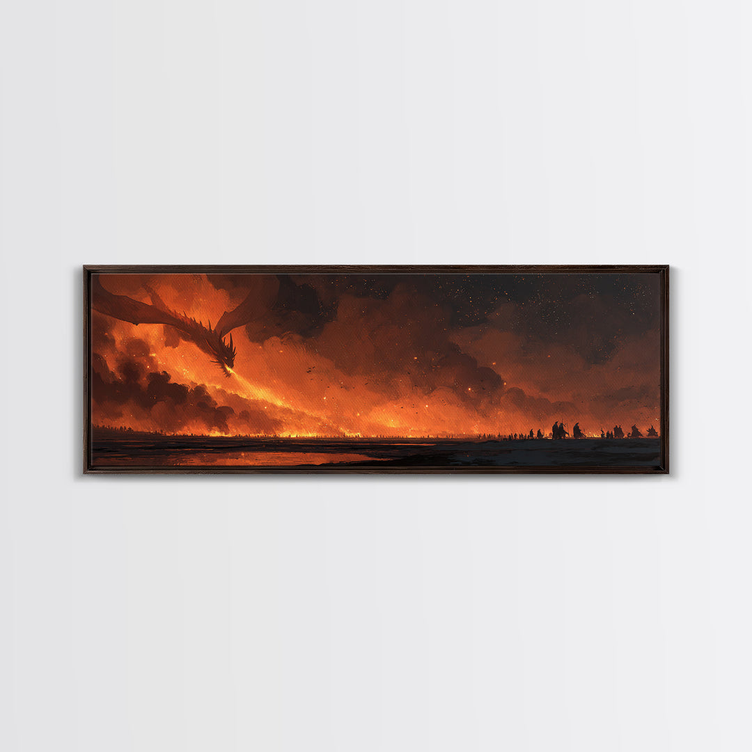 Fiery Dragon Horde Crossing Ashen Battlefield Canvas Print, Dark Fantasy Wall Art, Epic Dragon Art, Gaming Room Decor, Gift
