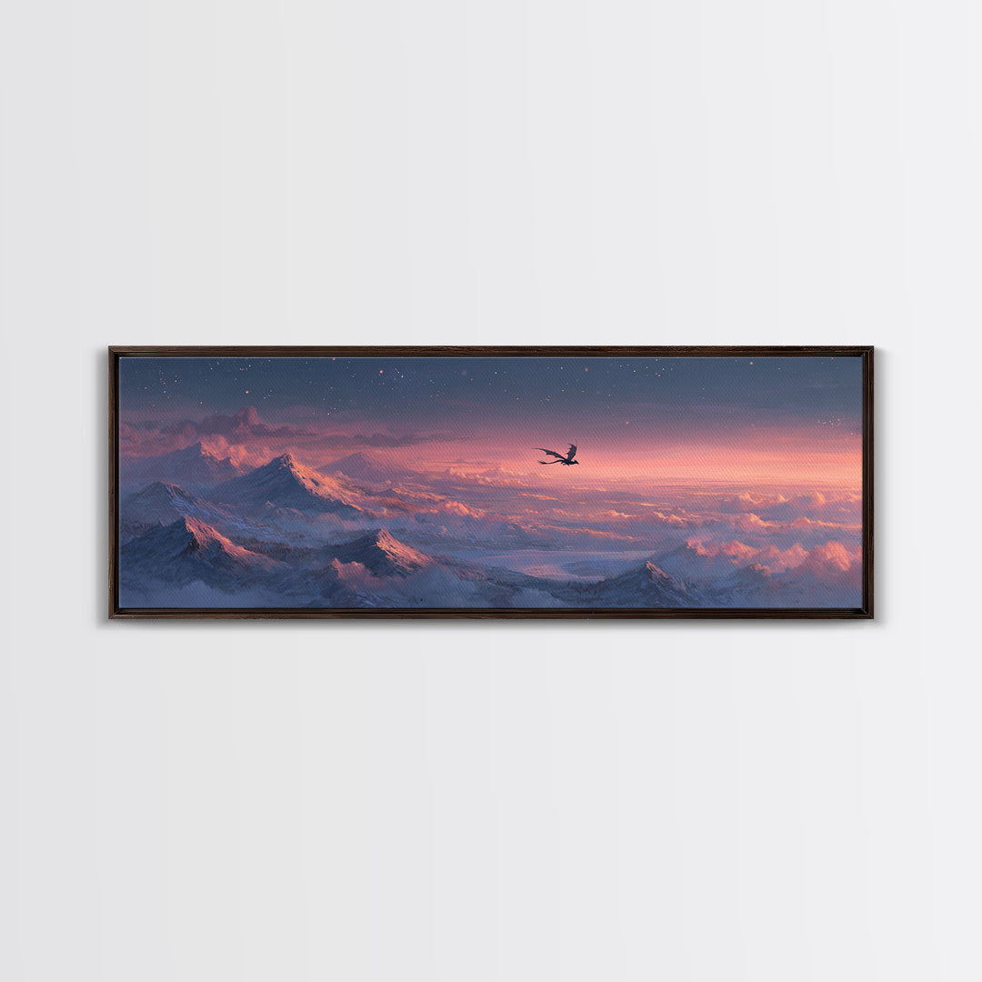Pink Alpine Dragon Above Snowy Peaks Canvas Print, Fantasy Landscape Wall Art, Mountain Wall Art, Dreamy Bedroom Decor, Gift
