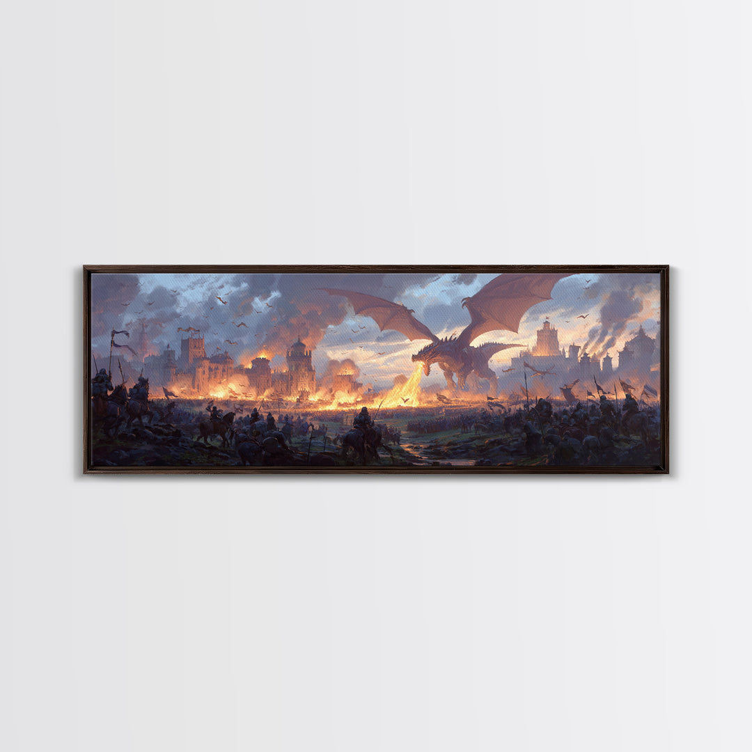 Epic Dragon Siege Over Burning Kingdom Framed Canvas Print, Fantasy Wall Art, Medieval Battle Decor, Game Room Art, Large Wall Decor