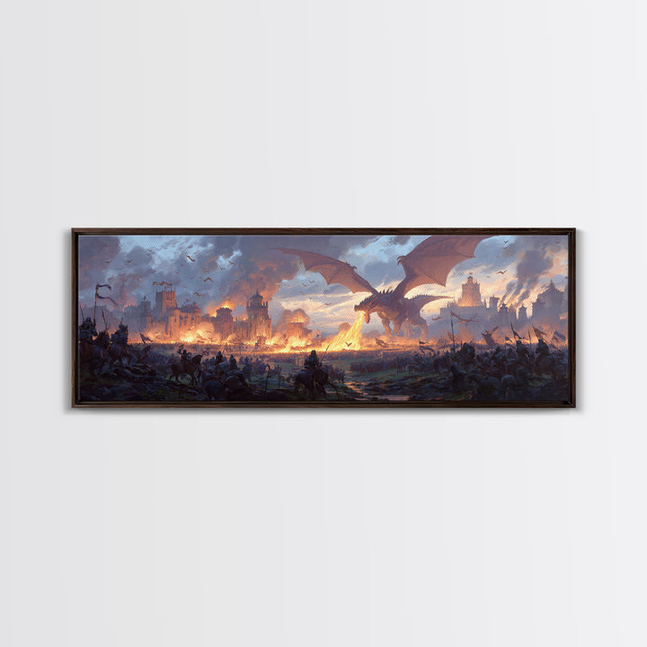 Epic Dragon Siege Over Burning Kingdom Framed Canvas Print, Fantasy Wall Art, Medieval Battle Decor, Game Room Art, Large Wall Decor