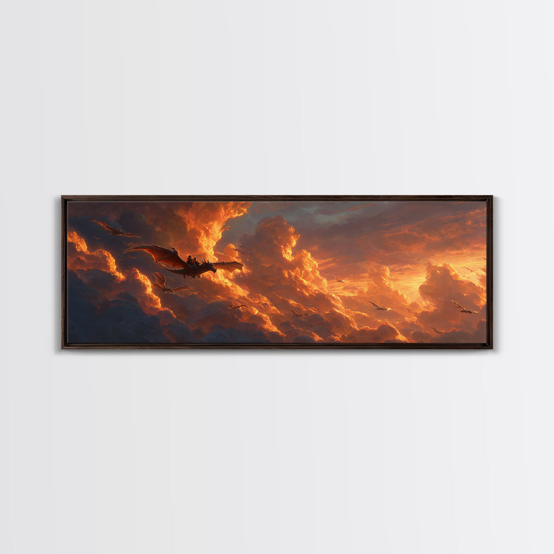 Golden Storm Clouds With Soaring Dragons Canvas Print, Fantasy Wall Art, Sunset Sky Decor, Epic Landscape Art Print, Living Room Decor