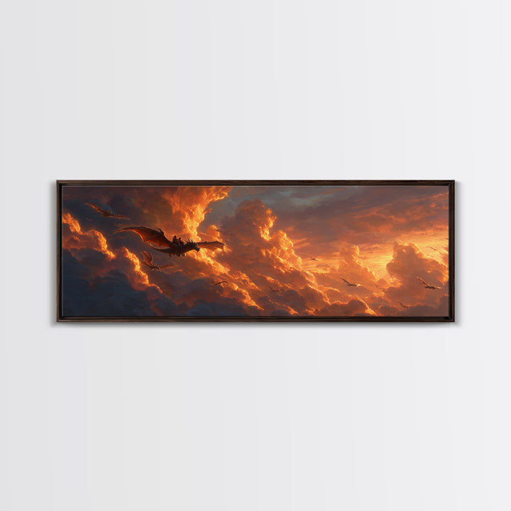 Golden Storm Clouds With Soaring Dragons Canvas Print, Fantasy Wall Art, Sunset Sky Decor, Epic Landscape Art Print, Living Room Decor