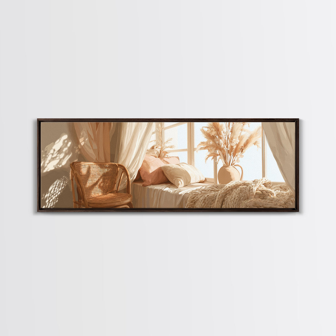 Sunlit Boho Bedroom With Pampas Grass Wall Art, Warm Neutral Above Bed Decor, Cozy Home Decor, Large Horizontal Canvas Print