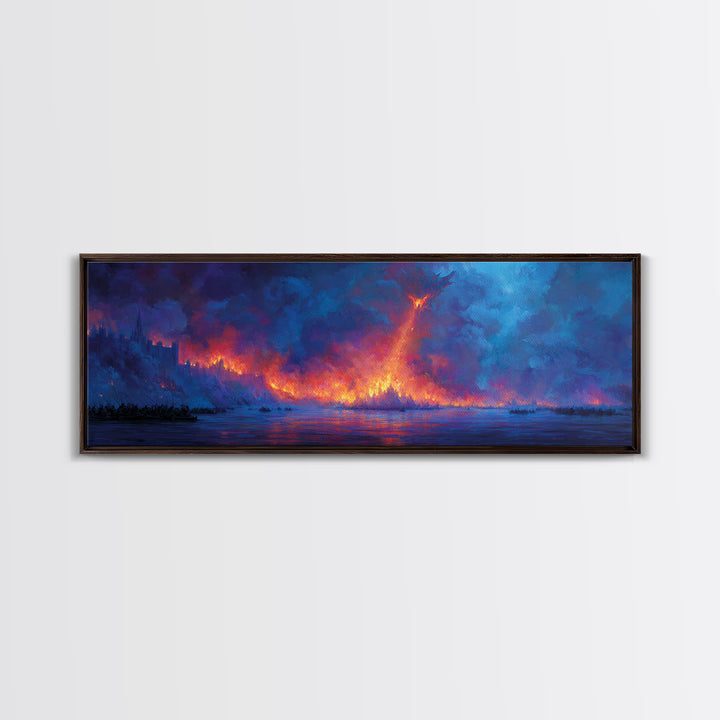 Fire Dragon Over Burning Forest Wall Art, Fantasy Landscape Canvas Print, Dark Moody Wall Decor, Panoramic Art Gift For Him