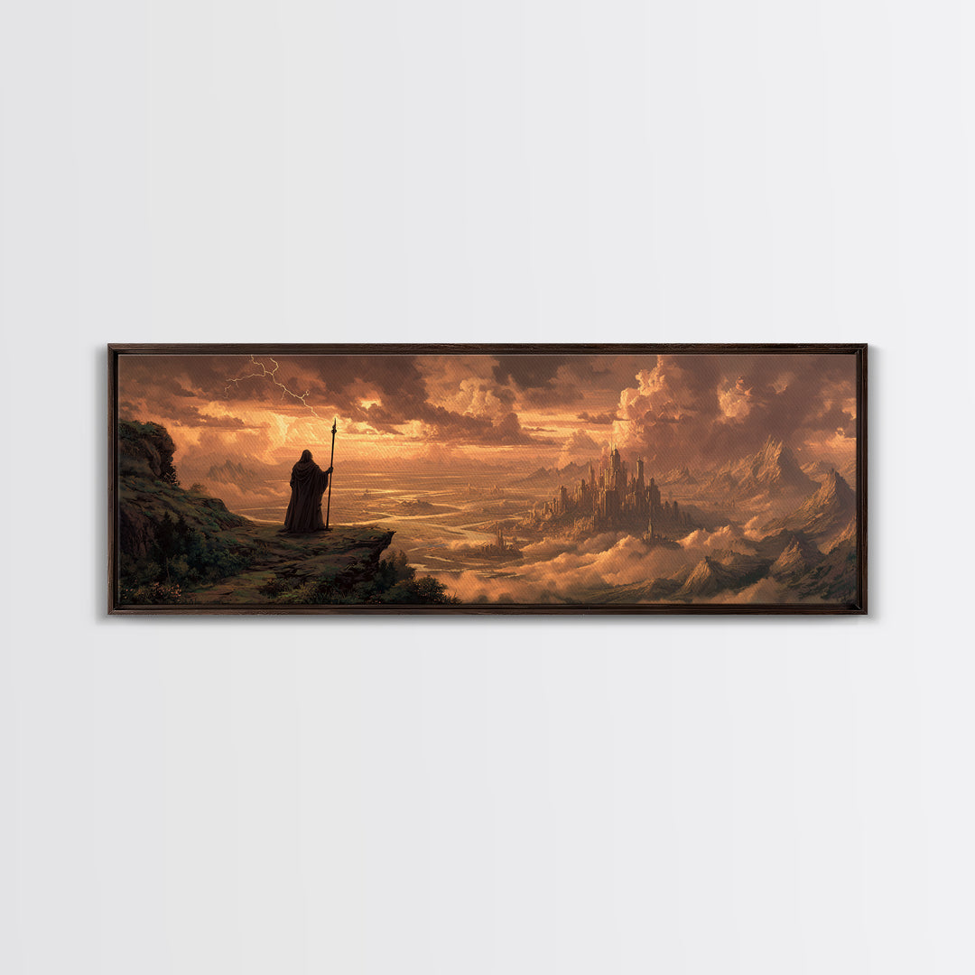 Wizard Over Golden Cloud City Framed Canvas Print, Fantasy Landscape Wall Art, Medieval Home Decor, Epic Castle Gift For Him
