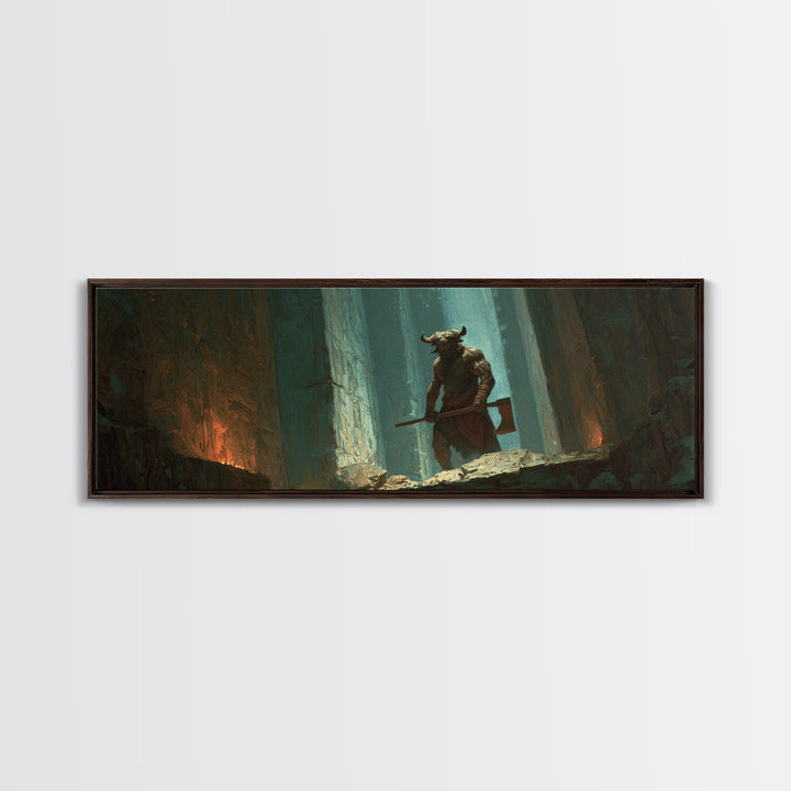 Minotaur Warrior In Ancient Forest Framed Canvas Print, Dark Fantasy Wall Art, Gothic Decor, Mythological Art Gift For Him
