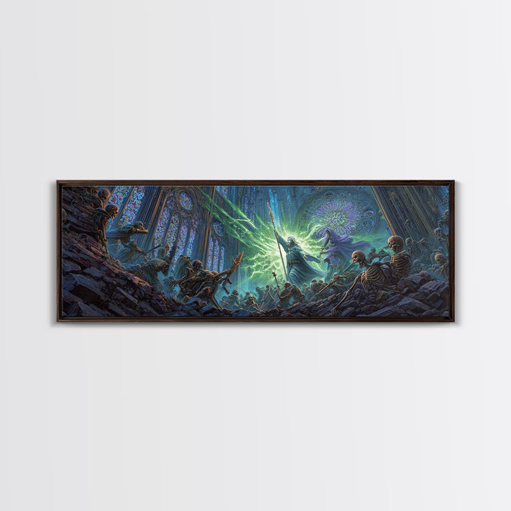 Necromancer Battle In Gothic Cathedral Wall Art, Dark Fantasy Canvas Print, Skeleton Decor, Surreal Magic Art Gift For Him