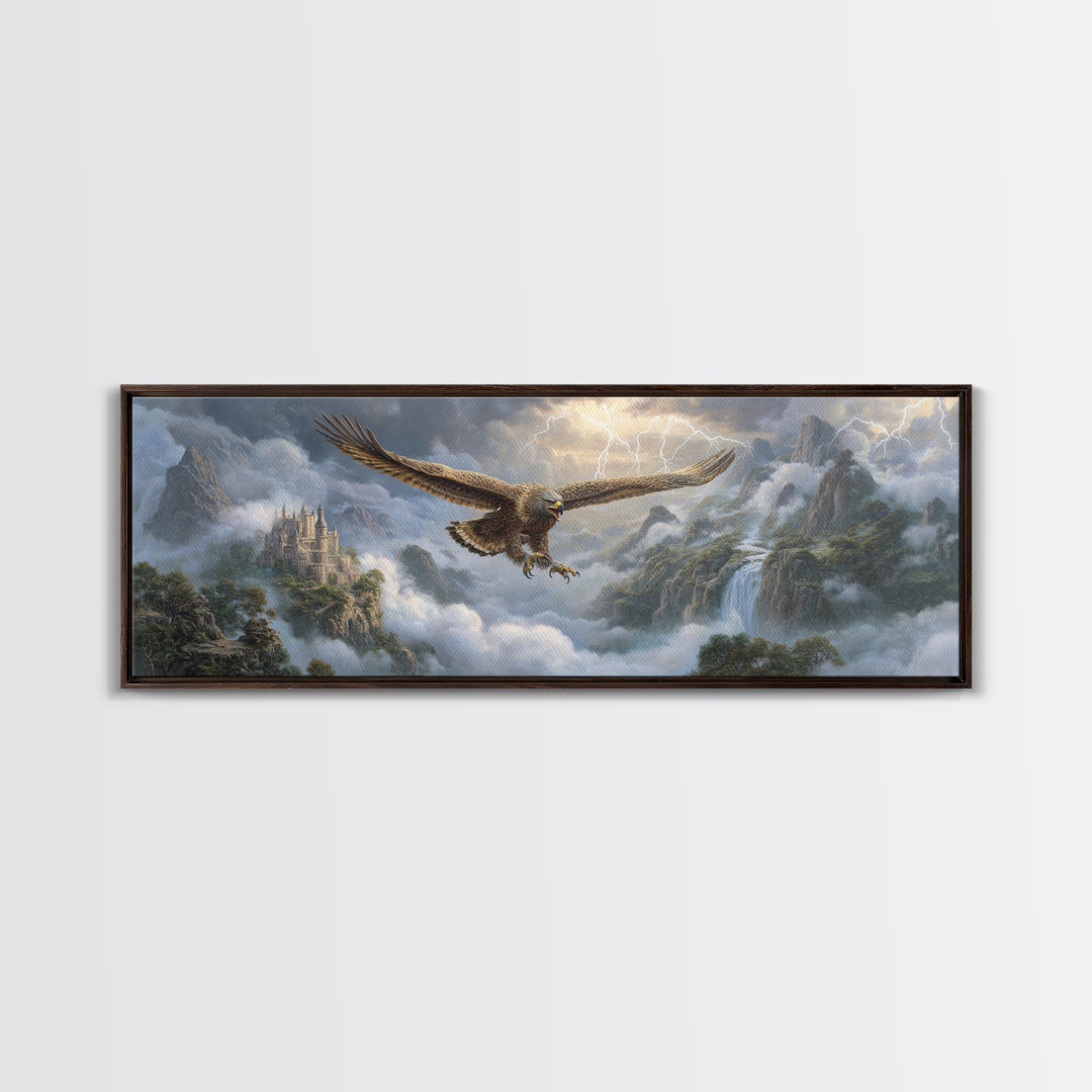 Soaring Eagle Over Misty Castle Mountains Framed Canvas Print, Fantasy Landscape Wall Art, Stormy Medieval Home Decor Gift