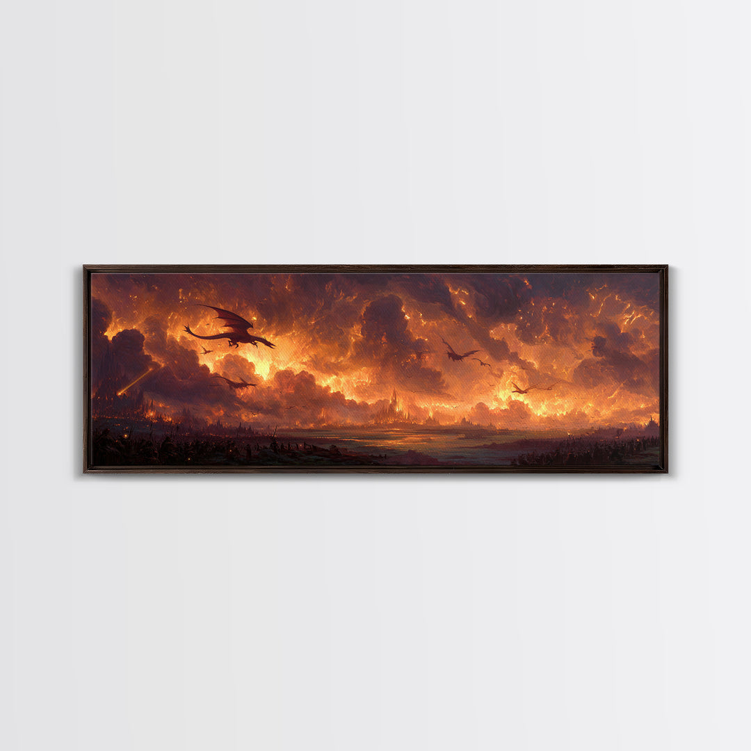 Fiery Dragons Over Apocalyptic Kingdom Framed Canvas Print, Dark Fantasy Wall Art, Epic Dragon Battle Home Decor For Game Room