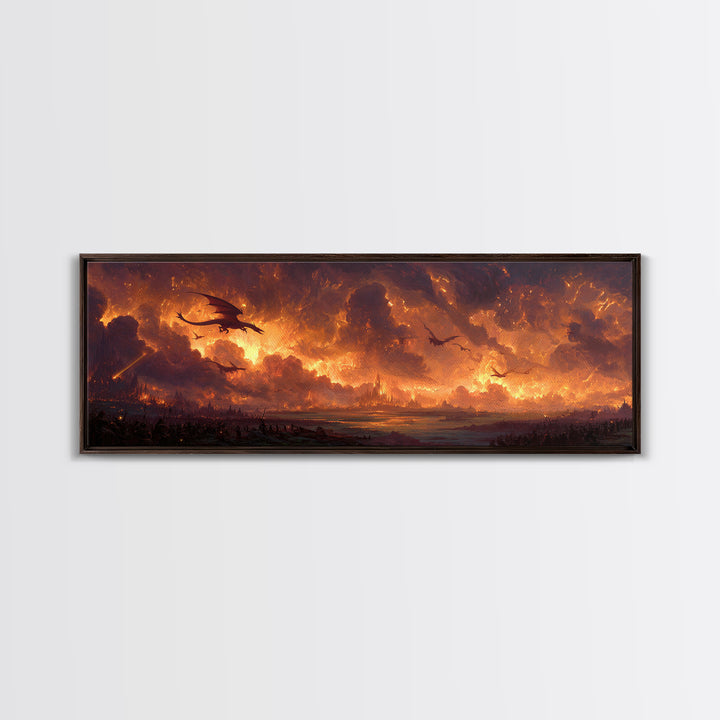 Fiery Dragons Over Apocalyptic Kingdom Framed Canvas Print, Dark Fantasy Wall Art, Epic Dragon Battle Home Decor For Game Room