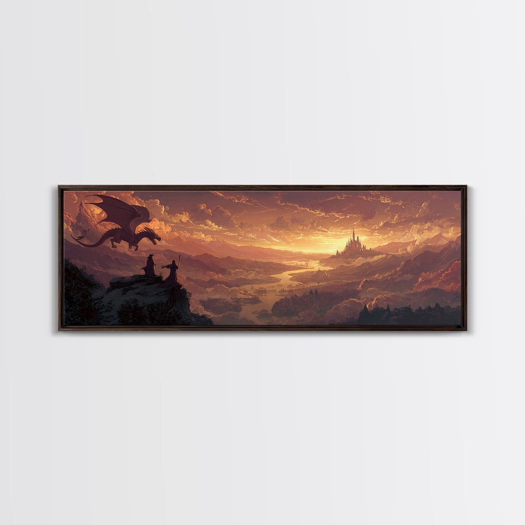 Sunset Dragon Watchers Above Golden Valley Canvas Print, Fantasy Landscape Wall Art, Medieval Castle Home Decor Gift For Him