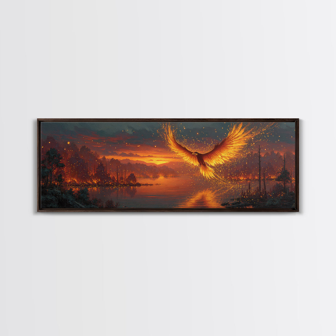 Fiery Phoenix Rising Over Burning Lake Framed Canvas Print, Fantasy Bird Wall Art, Large Vibrant Nature Home Decor Gift For Her