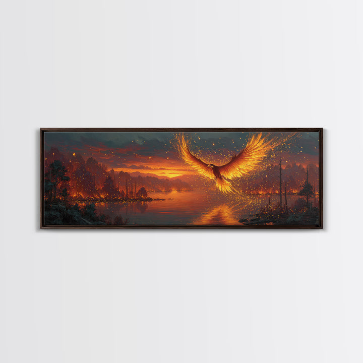 Fiery Phoenix Rising Over Burning Lake Framed Canvas Print, Fantasy Bird Wall Art, Large Vibrant Nature Home Decor Gift For Her