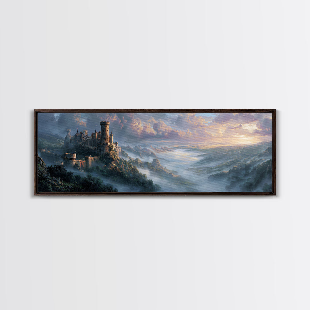 Misty Mountain Castle Above Clouded Valley Framed Canvas Print, Medieval Fantasy Wall Art, Large Landscape Home Decor Gift