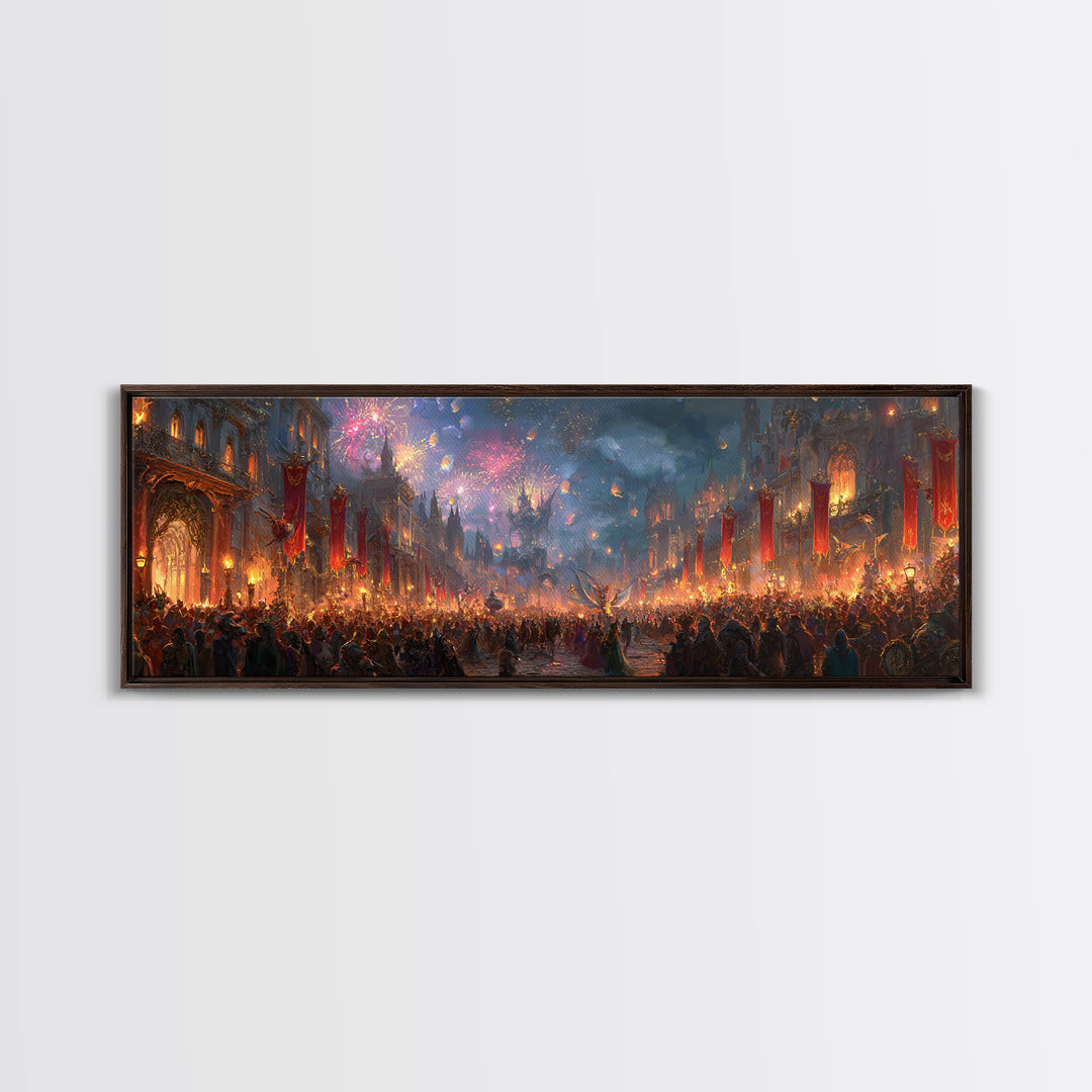 Firework Festival In Magical Medieval City Canvas Print, Fantasy City Wall Art, Maximalist Living Room Home Decor Gift Idea