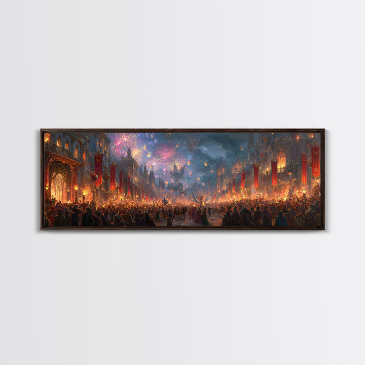 Firework Festival In Magical Medieval City Canvas Print, Fantasy City Wall Art, Maximalist Living Room Home Decor Gift Idea