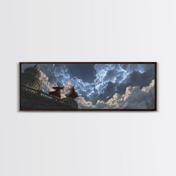 Wizards Casting Lightning Above Storm Clouds Framed Canvas Print, Dark Fantasy Wall Art, Dramatic Gothic Home Decor Gift