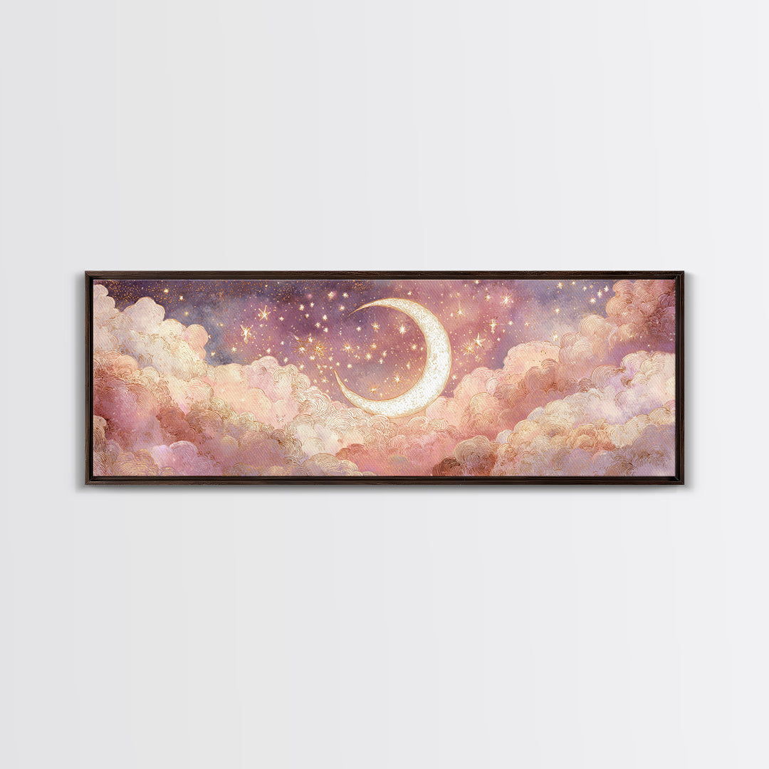 Glowing Crescent Moon In Pink Clouds Wall Art, Dreamy Celestial Nursery Decor, Whimsical Bedroom Decor, Framed Canvas Print