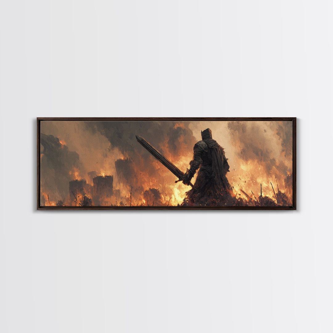 Epic Knight Dark Fantasy Sword Warrior Fire Castle Scene Canvas Print Wall Art For Medieval And Fantasy Home Decor