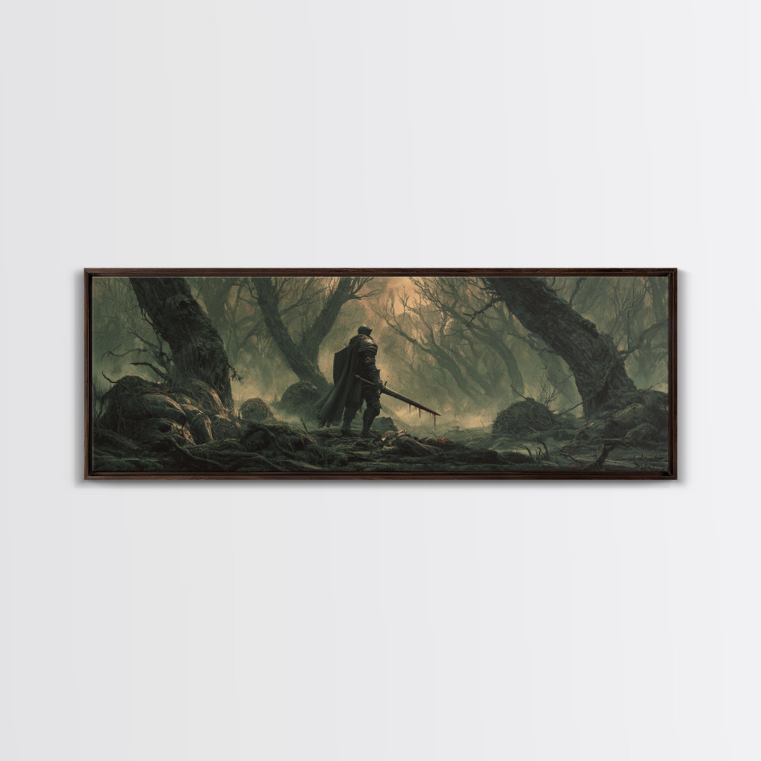 Dramatic Moody Forest Warrior Knight Painting Dark Art Framed Canvas Print Medieval Wall Art Home Decor