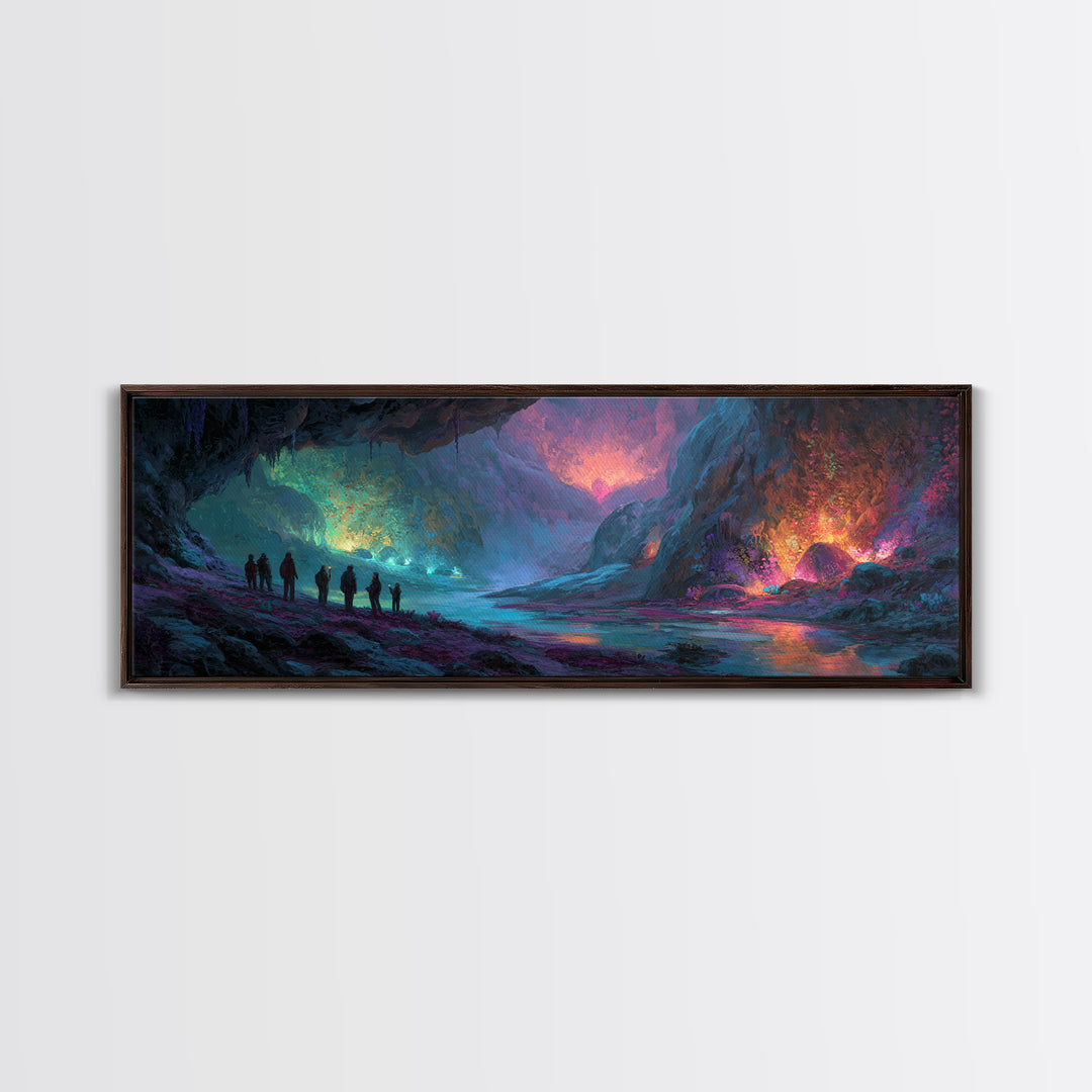 Mystical Illuminated Cave Explorers Awesome Fantasy Landscape Artwork Canvas Print Wall Art For Unique Home Decor
