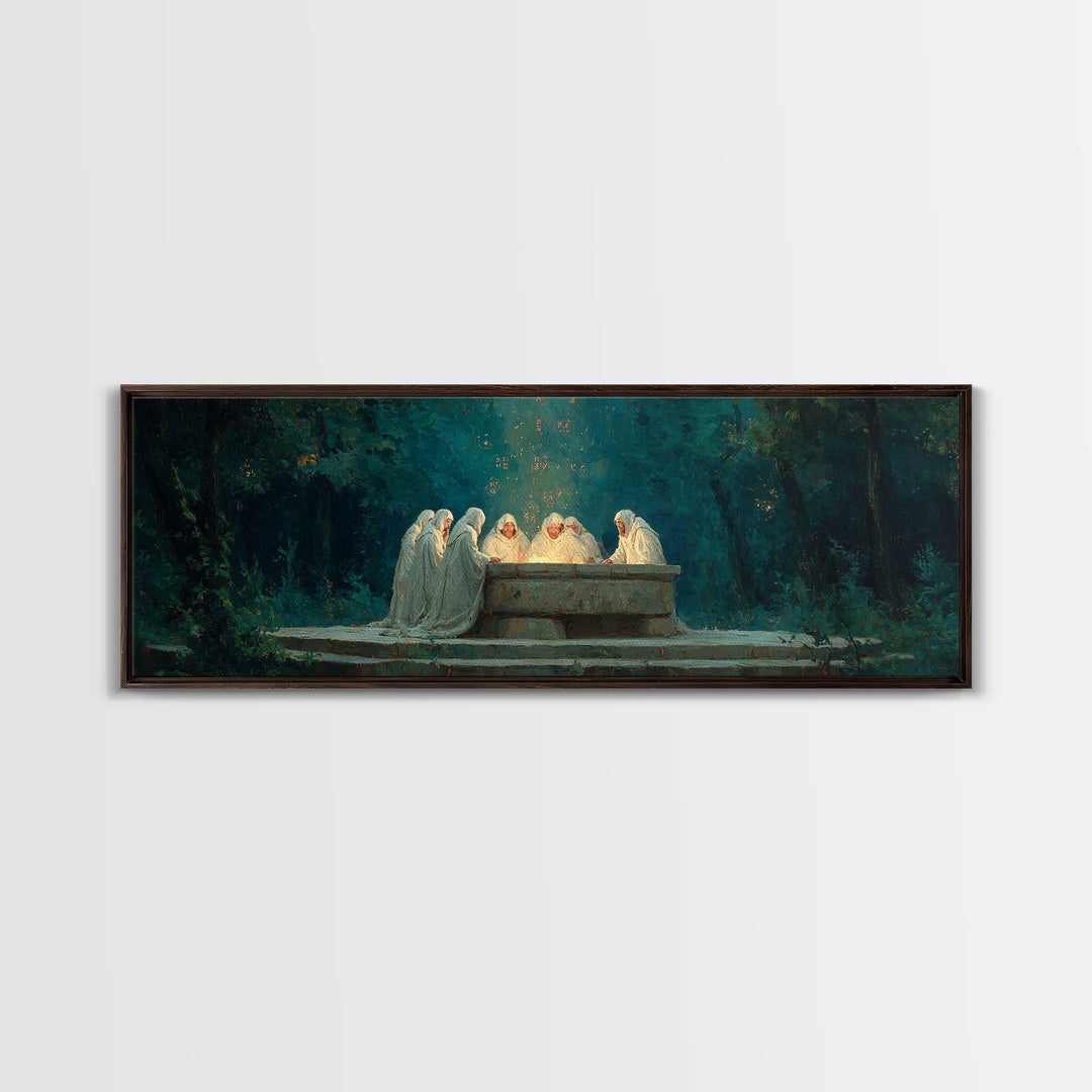 Spiritual Gathering Of Monks Around Glowing Stone Altar Framed Canvas Print