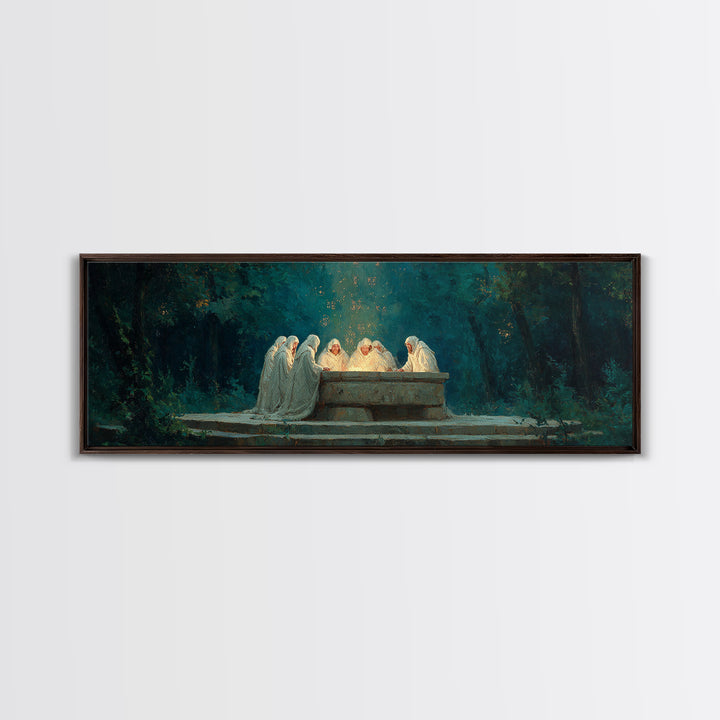 Spiritual Gathering Of Monks Around Glowing Stone Altar Framed Canvas Print